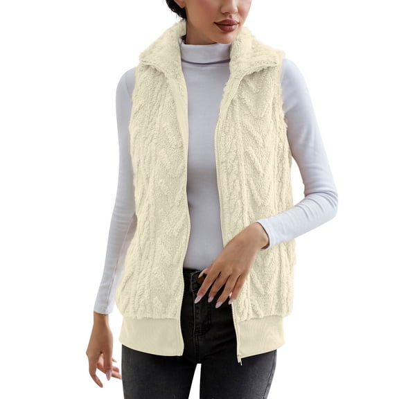 WTXUE Women's Oversized Cable Knit Vest Sleeveless Zip Up Outerwear Stand Collar Gilet Loose Trendy Layering Top Warm Winter Jackets Coats for Cold Weather Beige L