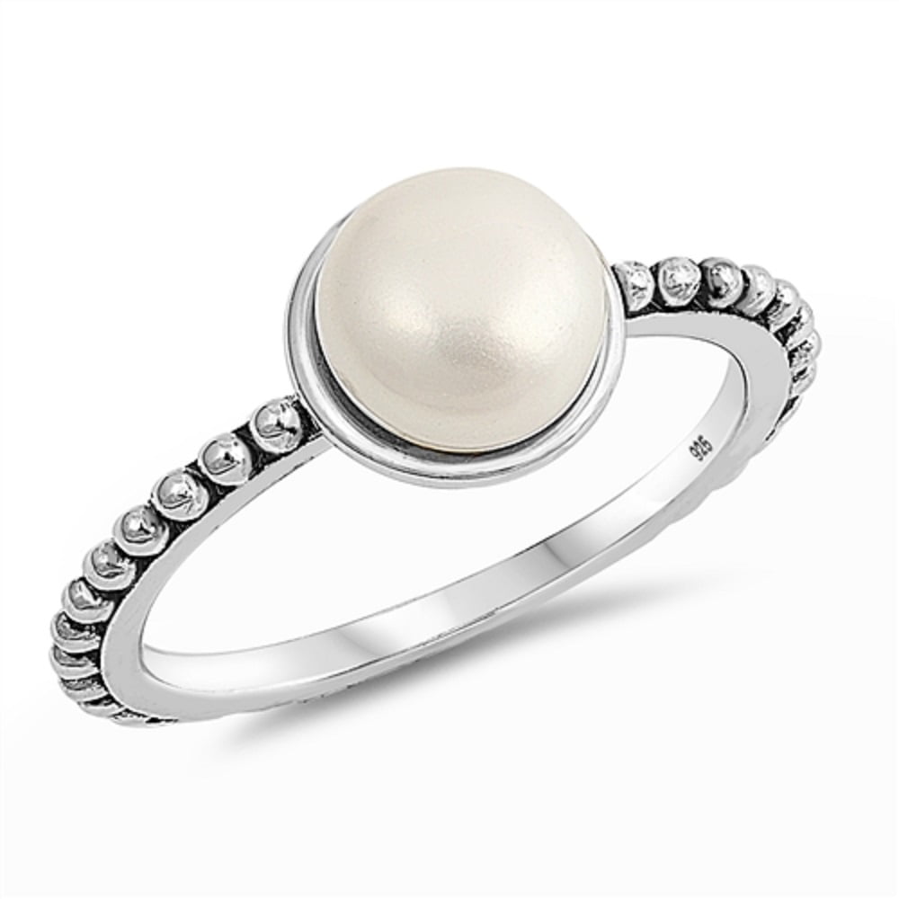 Synthetic Pearl Bead With Beaded Band Ring Sterling Silver Size 7