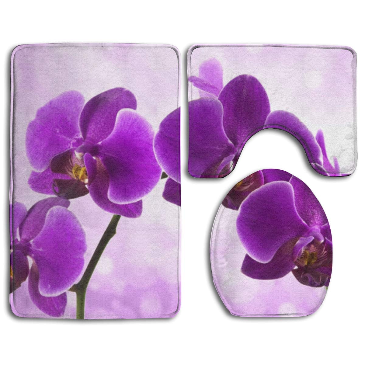 CHAPLLE Purple Flower 3 Piece Bathroom Rugs Set Bath Rug Contour Mat