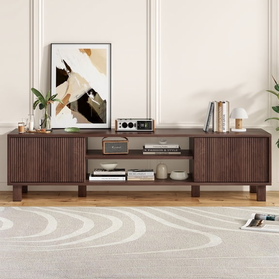 NeoKo Mid-Century Modern TV Stand, Fits TVs Up to 79 Inches, with Storage Cabinets & Open Shelves, Stylish Living Room Entertainment Center, Walnut Finish