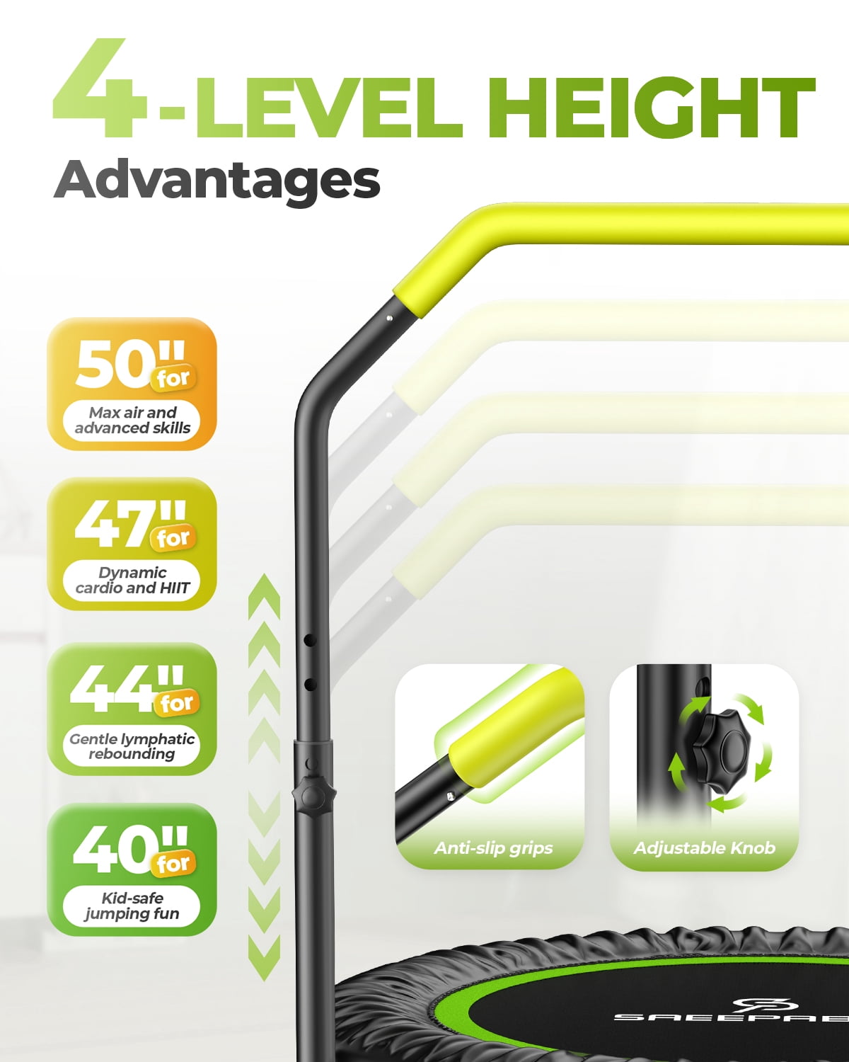 SAEEPABUL 40Inch Mini Fitness Rebounder Trampoline with Adjustable Handle, Indoor Exercise Workout Trampoline for Adults, Max Load 330lbs, Green