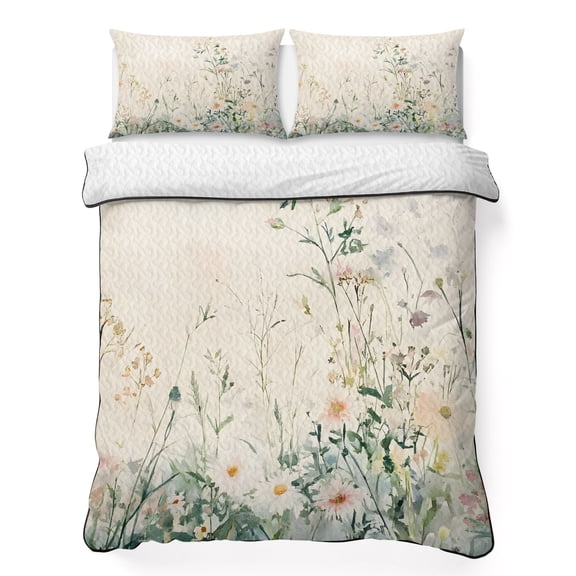 Full Quilt Set 78''x90'', Botanical Floral Lightweight Summer Bedspread Coverlet Set with 2 Pillow Shams, Summer Spring Farmhouse Flowers Breathable All Season Quilt Bedding for Bedroom/Guest Room