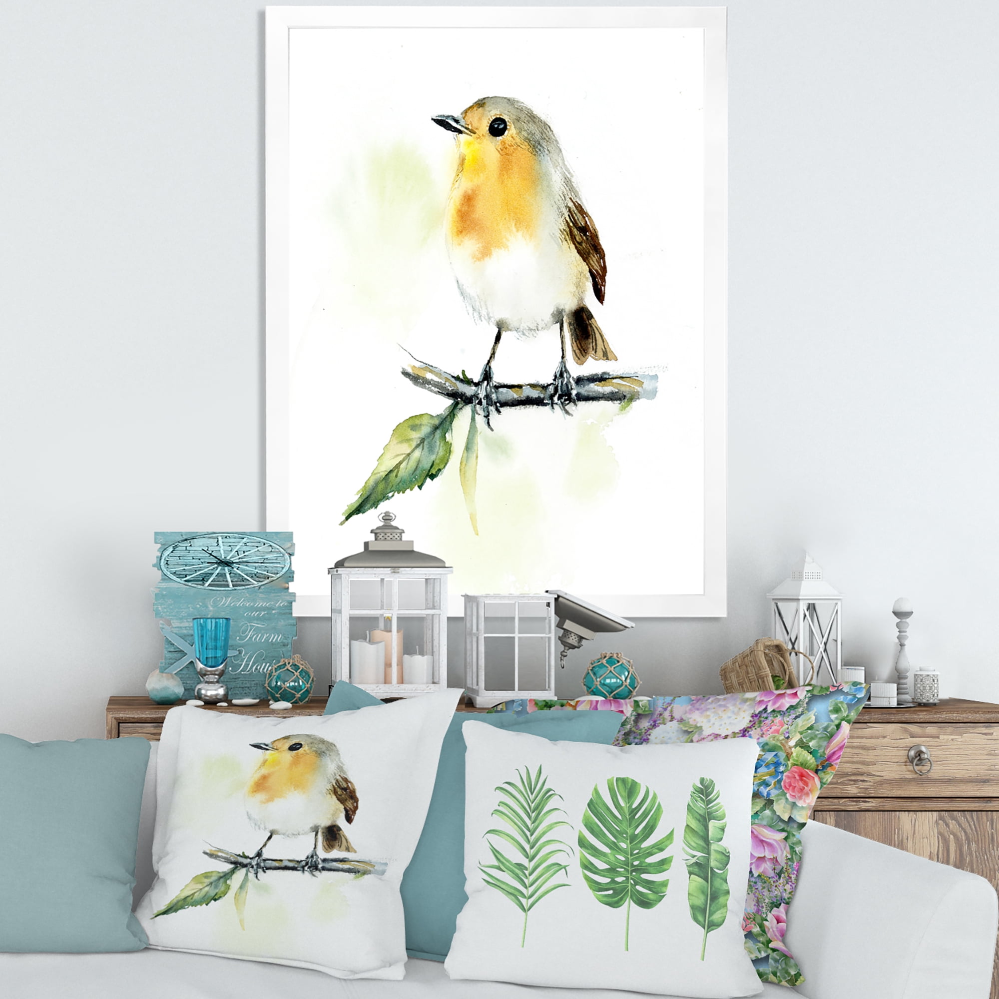 Designart 'Little Robin Bird Sitting On A Branch' Traditional Framed Art Print