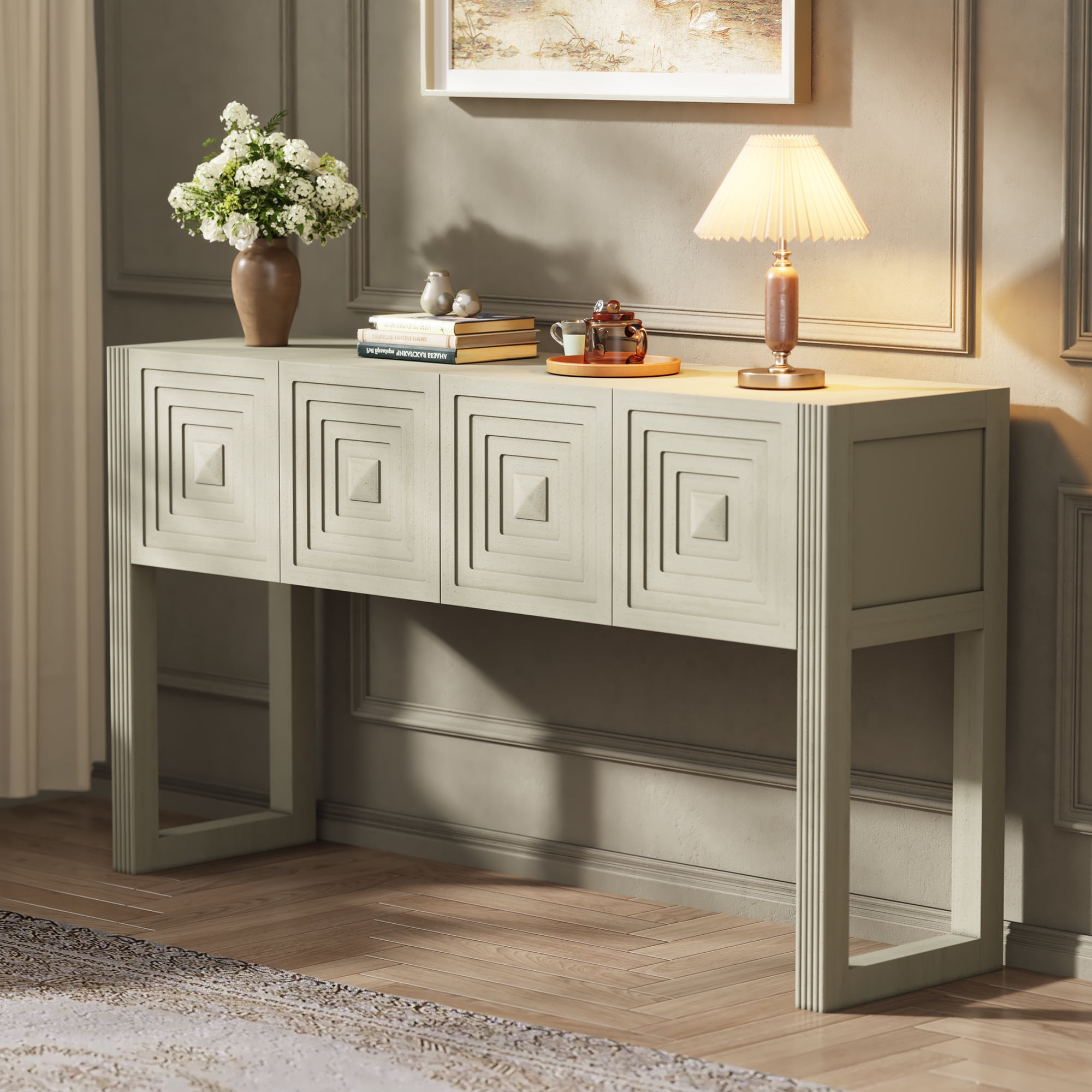 Aukfa 55" Geometric Carved Console Table with 3 Drawers, Fluted Leg Entryway Table, Modern Sofa Accent Table for Living Room/Hallway,Parchment