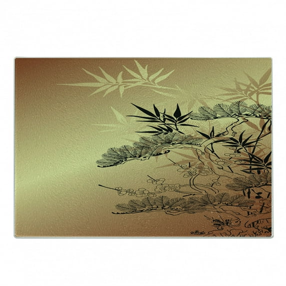 Japanese Cutting Board, Branches and Bamboo Motifs with Showy Fragrant Leaves Nature Illustration, Decorative Tempered Glass Cutting and Serving Board, Small Size, Sepia Black, by Ambesonne