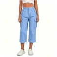 thumbnail image 5 of Fnooota Women's Cargo Capri Pants, Fall Stretchy Elastic Waist Side Split Casual Cropped Work Trousers Light Blue Size L, 5 of 7