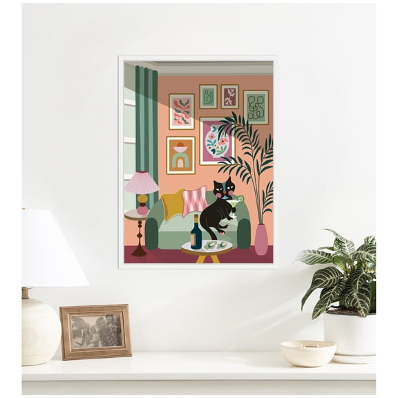 Kate and Laurel Framed Canvas Wall Art Print Cocktail Cat by Rachel Lee 3 Birdies Studio, 18 x 24 Sylvie White Frame, Whimsical, Abstract Art for Wall Decor