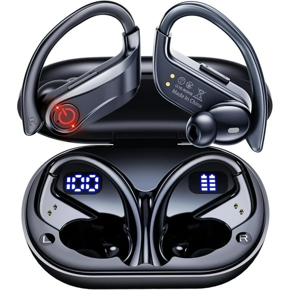 Auriculares Inalámbricos Auriculares Deportivos Bluetooth 5.3, Auriculares Inalámbricos con Tiempo de Reproducción de 120 Horas, Micrófono Incorporado para Auriculares Estéreo con Ganchos para las Orejas, Resistente Al Agua ipx7, Pantalla de Doble Potencia para Deportes