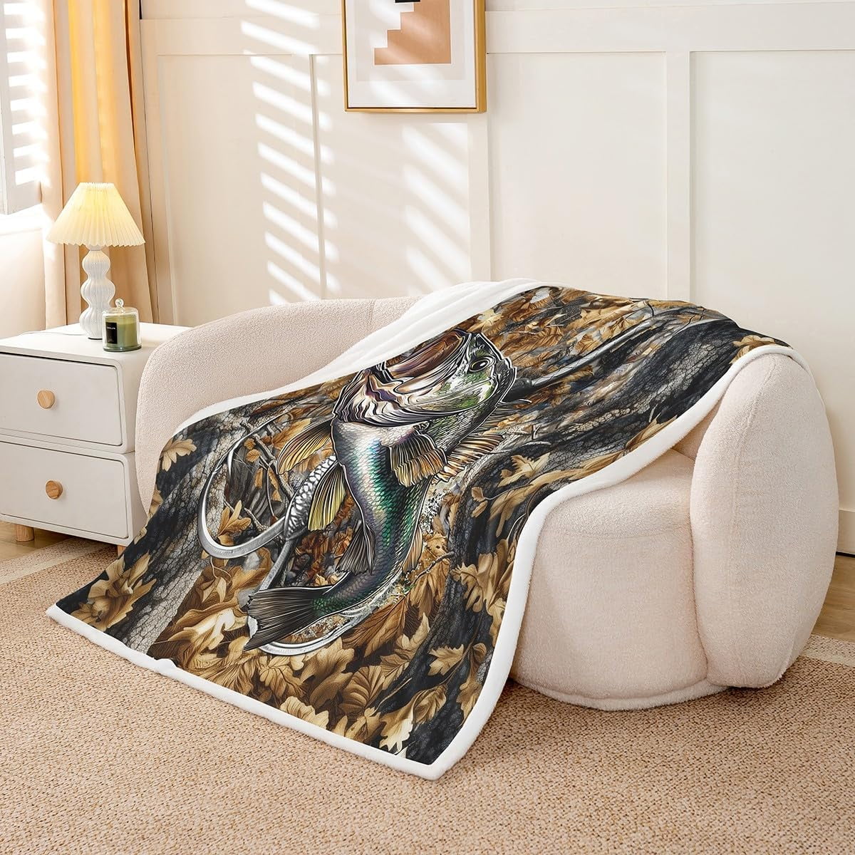 Camo Fleece Blanket Twin 60"x80" Users Camo Fish Plush Blanket for men Teens Fish Huntihg Sherpa Blanket Camouflage Fish Hunting Brown Fuzzy Blanket