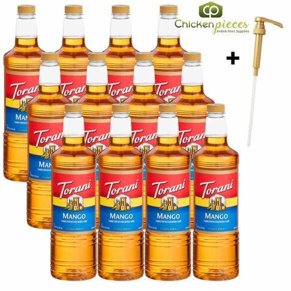 Torani Mango Flavoring Syrup, Professional Juicy Tropical Base, Shatter-Resistant 1L Plastic Bottle + Bonus Squeeze Pump