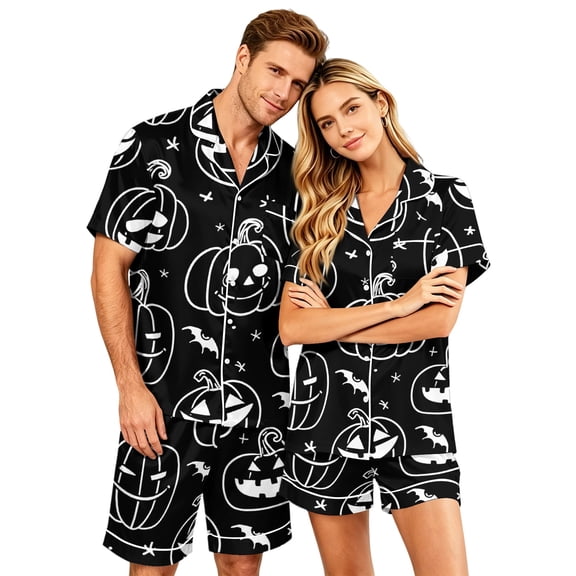 DORKASM Halloween Matching Pajamas for Couples Pj Sets for Woman Men Bat Pumpkin Print Button Down Sleepwear Black S