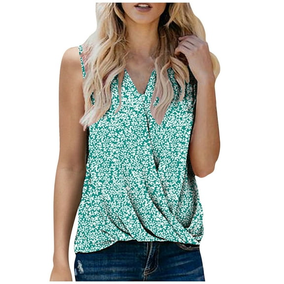 USSUMA T-Shirts for Women Trendy Women's V Neck Sleeveless Tank Tops Drape Wrap Front Pleated Casual Cami Tops Floral Print Tee Shirts