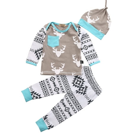 

Newborn Baby Girls Boy Clothes Sets Long Sleeve Deer Print T-Shirt Tops + Casual Pants + Hat 3 Pcs Outfits