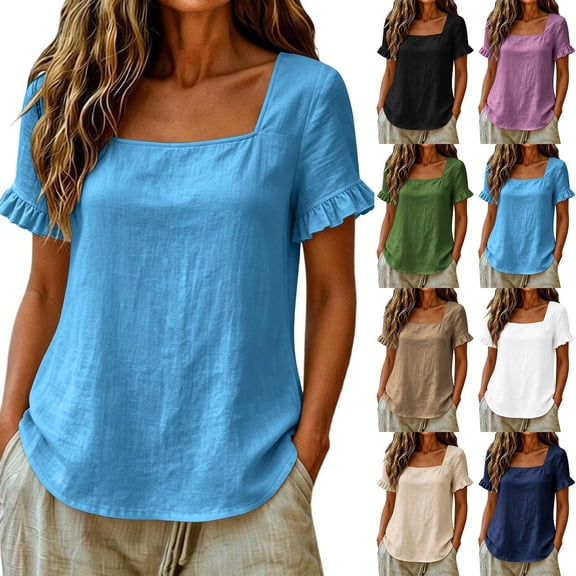 Tqcoqu Womens Summer Peplum Tops,Sqaure Neck Ruffle Sleeve Blouses Fit Flowy Shirts,Beige Women's S-XXXL