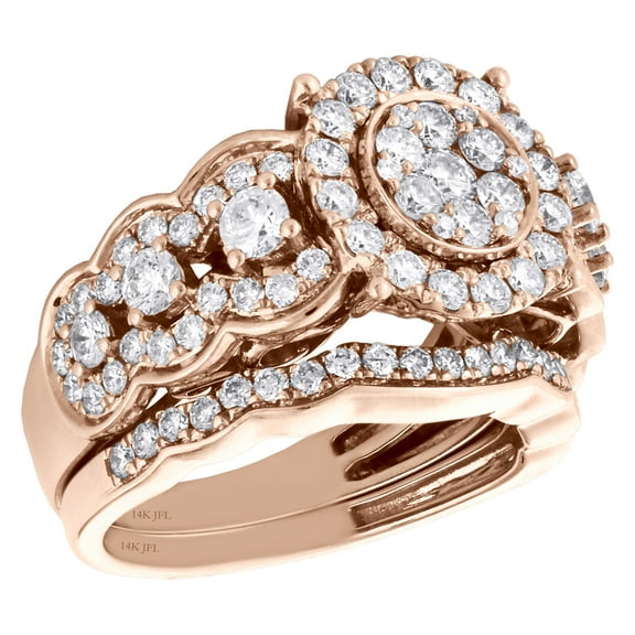 14K Rose Gold Diamond Flower Engagement Ring   Wedding Band Bridal Set 2 CT.