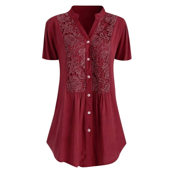 Womens Tops Under $5 Trends Women Casual Plus Size Lace Solid Short Sleeves V-Neck Shirt Blouse Tops