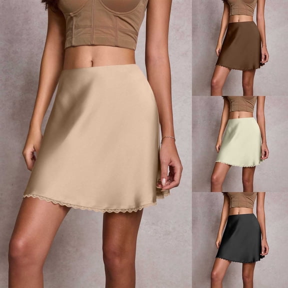 Jamicy Women's Summer Skirts Solid Color Satin Half Skirts High Waisted Silky Underskirt with Lace Trim Slip Skirt for Dresses