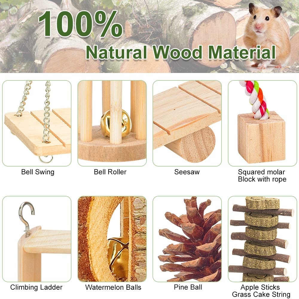 kathson 10 Pcs Hamsters Chew Toys Natural Wooden Gerbil Rats Chinchillas Toy Accessories DIY Rainbow Bridge with PVC Seesaw Sport Exercise Toys for Ball Pine Cone Teeth Care Molar Grass Radish