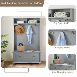 Bush Furniture Woodland 24"W Hall Tree & Shoe Bench - White Ash, Entryway Storage With Hooks & Shelves