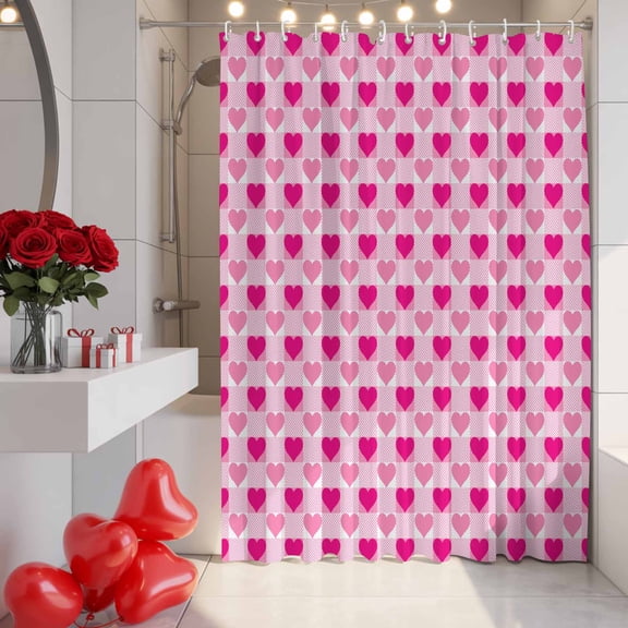 Valentine's Day Shower Curtain, 36" x 72", Heart Shaped Plaid Pink Waterproof Bathroom Curtain Washable Shower Curtain Set with 12 Hooks