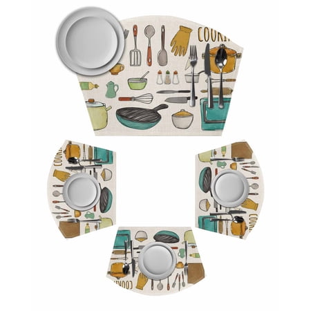 Kitchenware Wedge Shaped Placemats Set of 4 Cotton Linen Fan Place Mats Vintage Kitchen Cooking Tool Retro Beige Washable Table Mats for Holiday Wedding Party Dinning Coffee Tables 11.8 x17.5