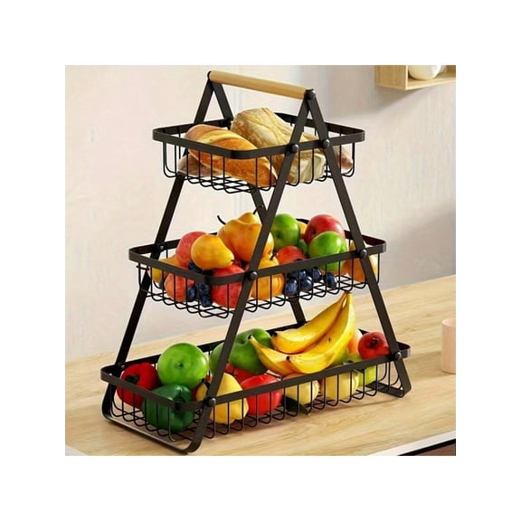 Reinforced 3-Tier Fruit Basket Tray - Black Kitchen Countertop Storage Rack with Support Rods - Removable Space-Saving Shelves for Fruits, Veggies, Bread, Snacks - Ideal for Pantry