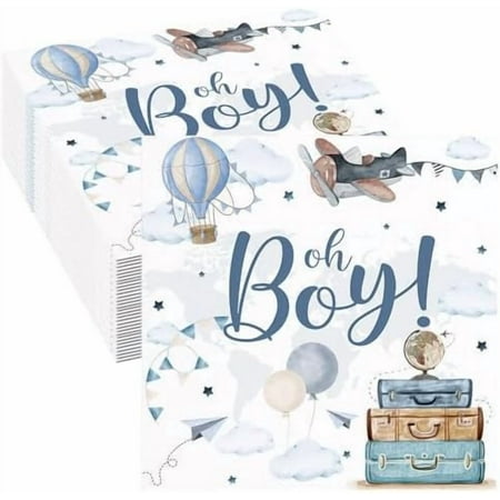 80 Pcs Airplane Baby Shower Party Paper Napkins Oh Boy Airplane Cloud Hot Air Balloon Theme Decor for Boys Travel Adventure Baby Shower Table Decorations