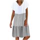 thumbnail image 1 of Qucoqpe - Vestido corto informal de talla grande para mujer, de verano, holgado, a la moda, con cuello en V, rayas, lunares, manga corta, volantes, dobladillo escalonado, de lino, para playa y sol,, 1 of 5