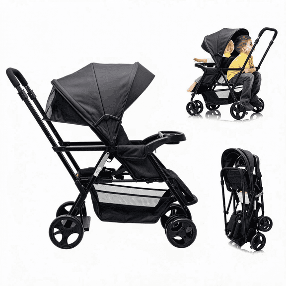 Funyard Double Sit Upright Lightweight Travel Stroller With Standing Platform, Canopy And Tray Table 