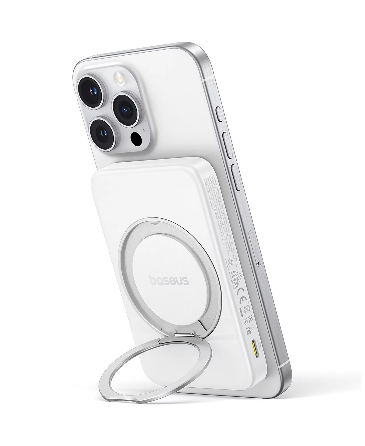 Baseus Qi2 MagSafe Power Bank, PicoGo 5000mAh Wireless Portable Charger with 360° Rotatable Ring Stand, Magnetic Power Bank for iPhone 16/15/14,White