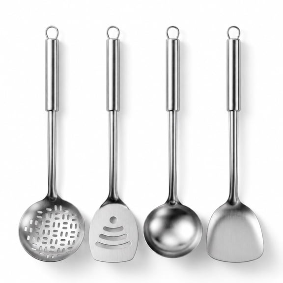 MUSPLUTO Cooking Utensils Set, 4 Pcs Stainless Steel Wok Tools, Solid & Slotted Turner, Ladle, Slotted Spoon, Heat Resistant Handle, Dishwasher Safe