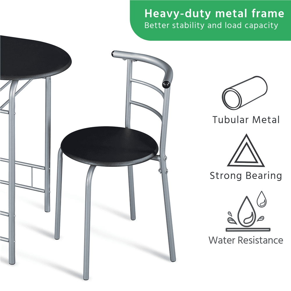 Fullfurnique Modern 3-piece Round Dining Table and 2 Chairs Set with Steel Legs, Black