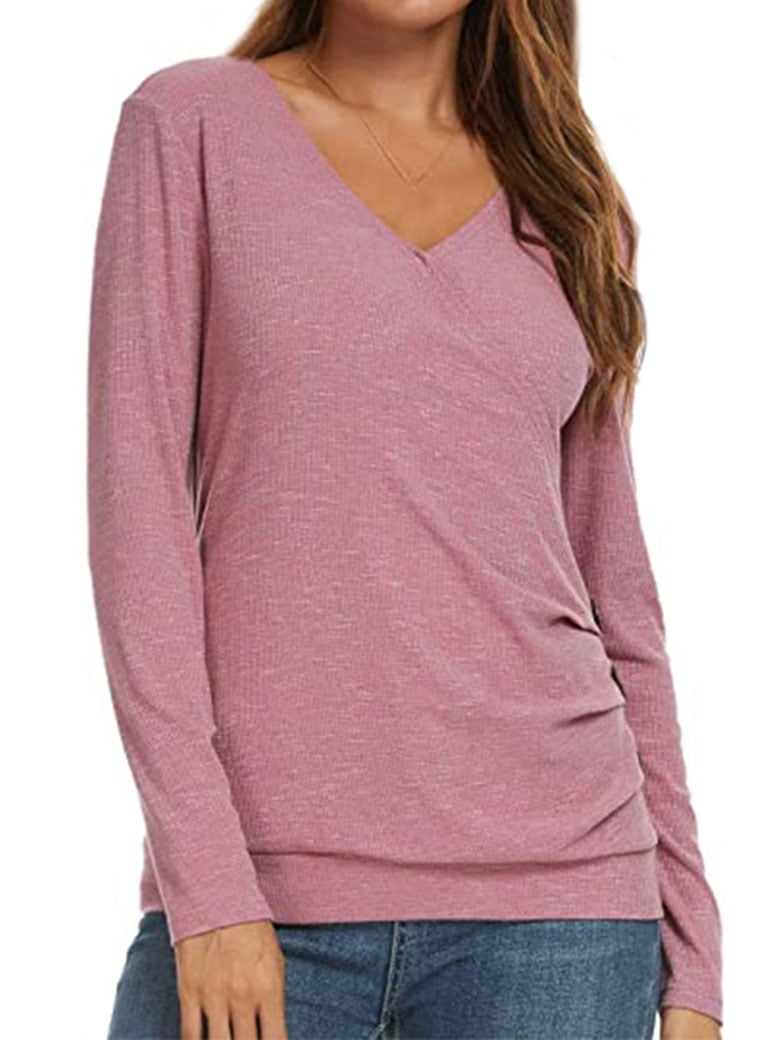 Women Wrap Front Side Buttons Long Sleeve V Neck Plain Shirt