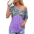thumbnail image 3 of Camiseta de mujer de manga corta, cuello redondo, estampado, empalme, camiseta informal, morado, XL Speravity AP001236-08, 3 of 7