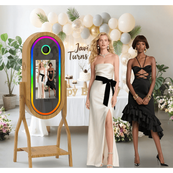 Mirror Photo Booth 50'' Wooden Magic Mirror Photo Booth with 21.5'' Interactive Touch Screen Built-in i5 Mini PC Suitable for Photography Needs in Various Locations