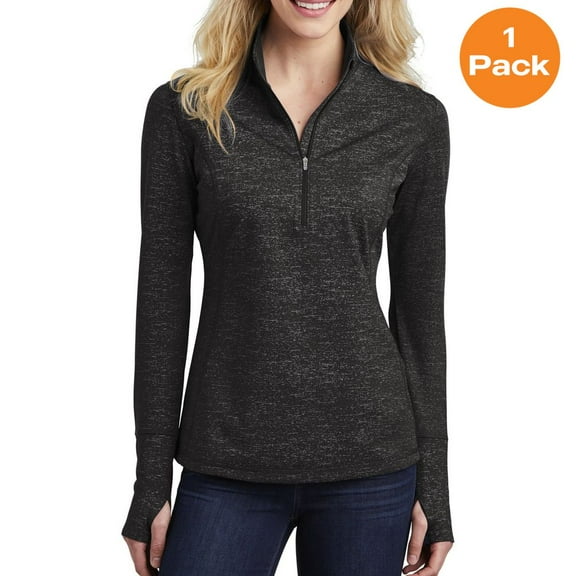 Sport-Tek LST855 Ladies Sport-Wick Stretch Reflective Heather 1/2-Zip Pullover, Black, 3XL, Womens Activewear