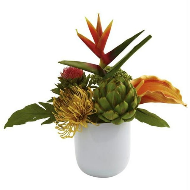 Arrangement Floral Tropical avec Vase en Verre Blanc