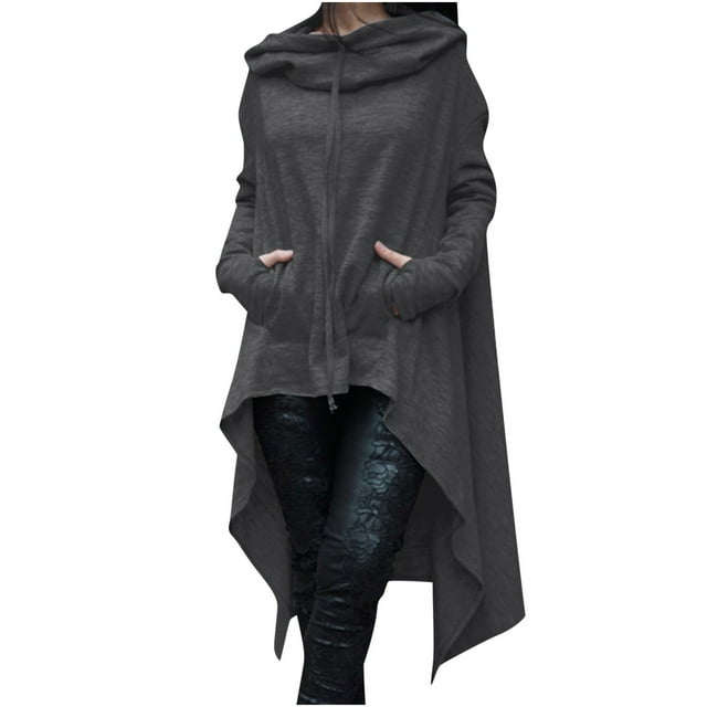 Wolfast Chandails à Capuche Longs pour Femmes, Ourlet Haut-Bas, Manches Longues, Chandail-Over, Robe, Cape, Tunique, Hauts, Gris Foncé, TTG