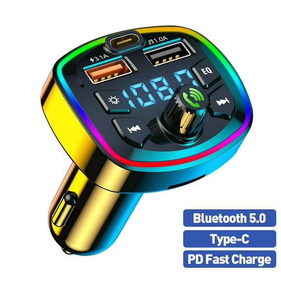 Bluetooth FM Transmitter, Bluetooth Car Adapter with Dual USB Charger Wireless Radio Car Kit MP3 Player Support TF Card & USB Disk, Hands-Free Calling, 7 Colors Led Backlit Light
