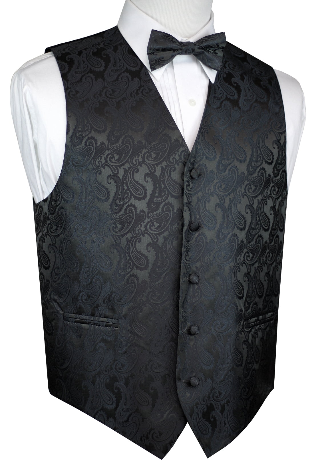 Brand Q Italian Design, Men's Tuxedo Vest, Bowtie Charcoal Paisley