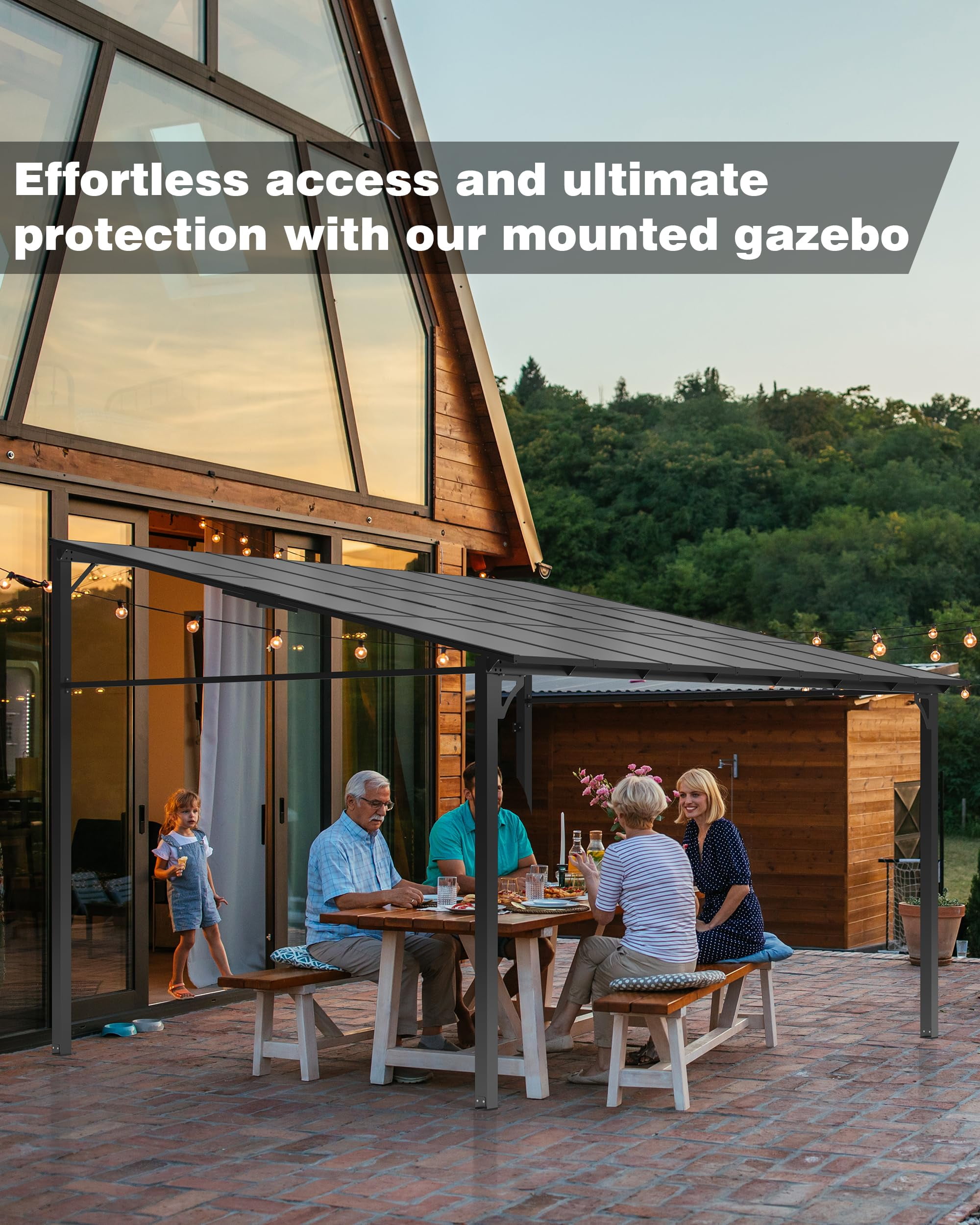 TROPOW 12' x 14' Lean to Gazebo, Hardtop Wall Pergola with Polycarbonate Roof, Aluminum Frame Mounted Gazebo for Lawn Patio Deck Yard and Party