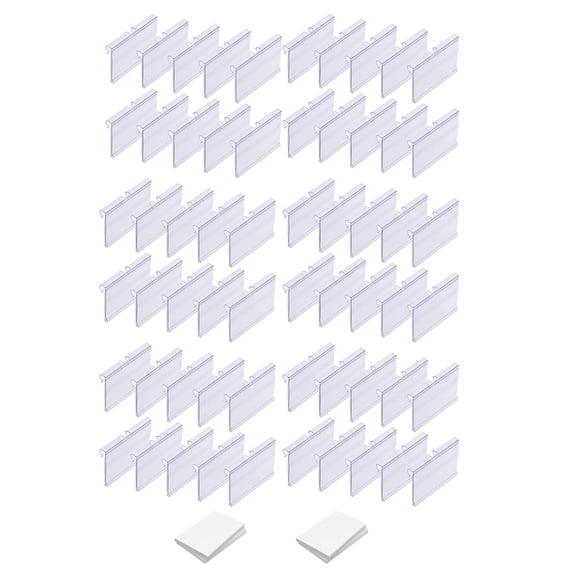 Plastic Label Holders, 60 Pack Transparent Resealable Basket Bin Labels Clip On Sign Display Holder with Paper Labels for Wire Shelf Retail Storage Bins Supermarket Shop (6x4.2cm)