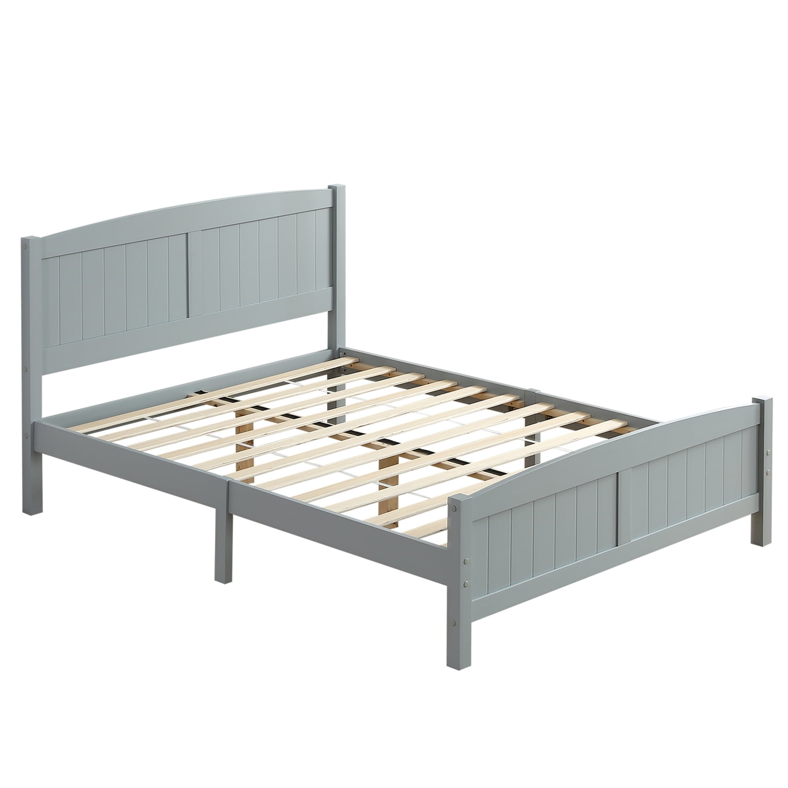 Full Single Bed Frame Vertical Striped Decorative Curved Headboard and Footboard Bed Frame Painted + Melamine Veneer & Pine + MDF Wood Bed, 77.8*56.54*37.8in Grey