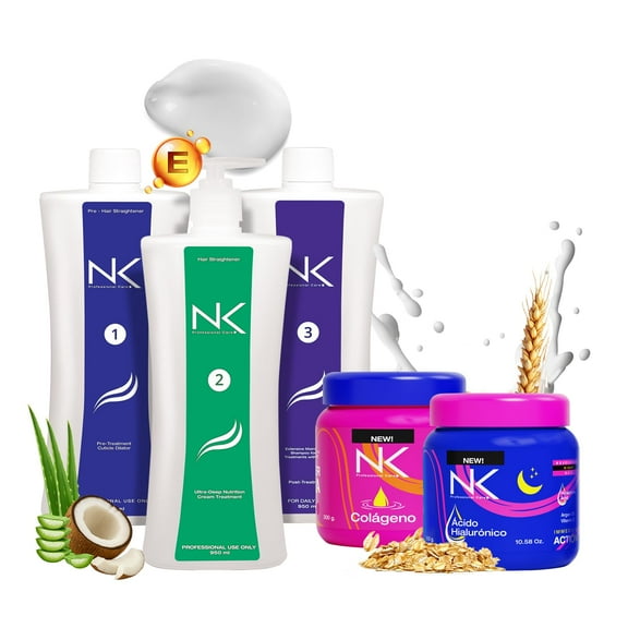 NK Professional Care. Complete Hair Straightening Treatment Kit Steps 1,2,3,4. At home Hair Surgery with keratin, post-treatment, home care shampoo and Colagen & Hyaluronic Acid Hair Mask. (32oz)
