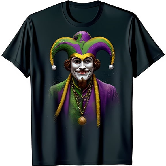 Vibrant Jester Graphic T-Shirt & Green with Bells Mischievous Design on Black Tee