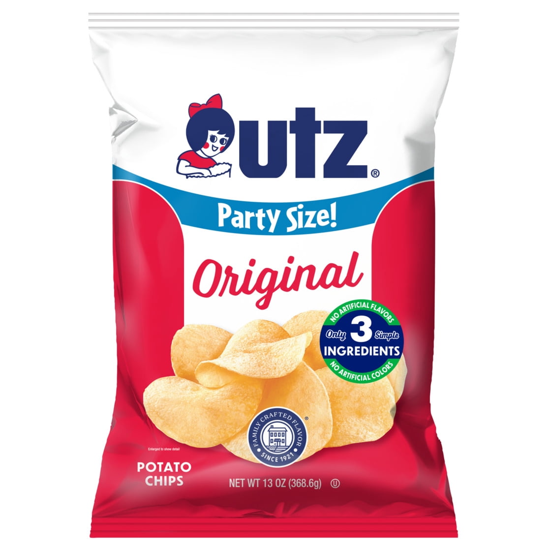 (3 pack) Utz Original Potato Chips, Gluten-Free, Party Size, 13 oz Bag