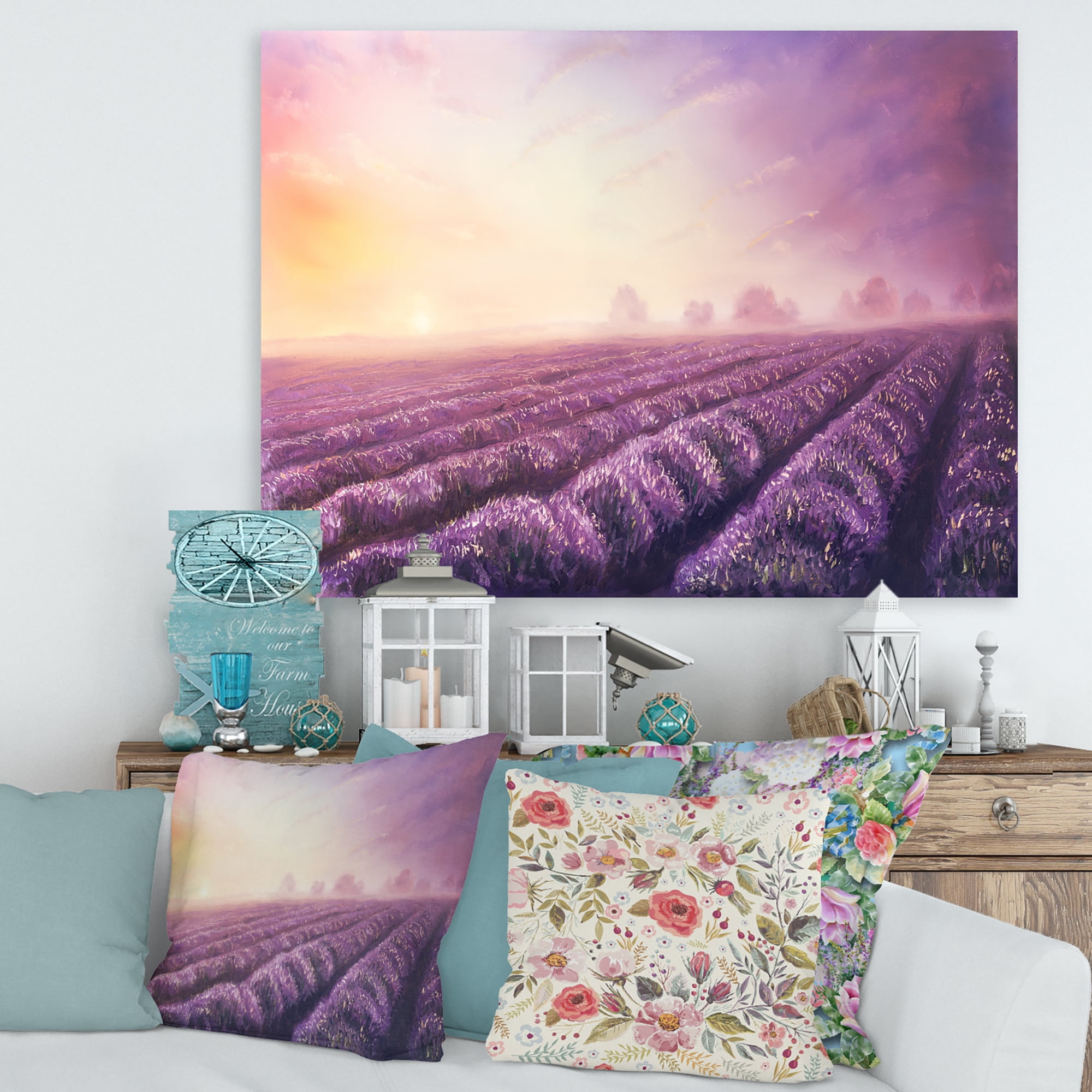 Designart ' Lavender Fields During Sunrise ' Modern Canvas Wall Art Print