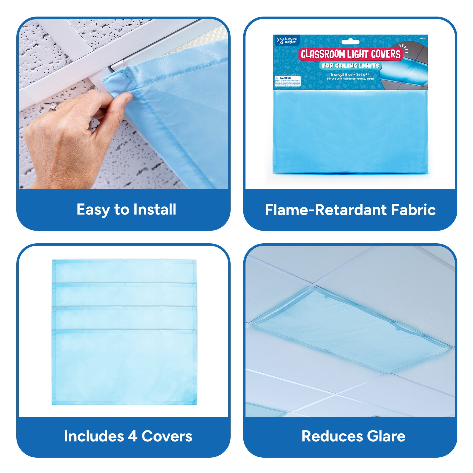 Educational Insights The Original Fluorescent Light Covers 4-Pack Tranquil Blue, Light Filters for Classroom, Lighting Accessories