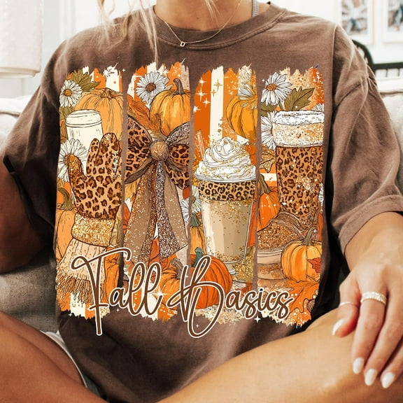 Fall Basics T-Shirt, Cozy Autumn Girl Tee with Pumpkin Bow and Leopard Print, Cute 2025 Fall Spice Season Shirt for Women, Autumn Vibes Outfit