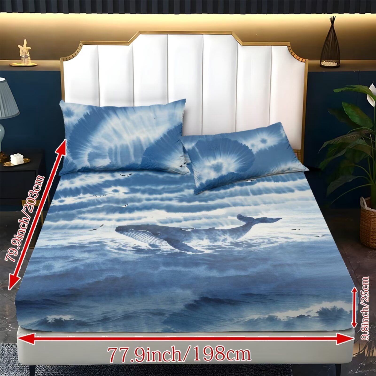 ZIATUBLES Full Sheets Set 3 Pieces,Lightweight Breathable Bed Sheets, Soft Cozy Bedding 9.8" Standard Pocket Sheets with Elastic Bottom Straps, Blue Tie-Dye Whale Print